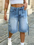 Vintage high waist loose fit cargo cropped jeans for women – front view of wide leg denim pants on model