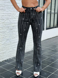 Vintage dark wash stretch flare jeans for women – front view of striped rhinestone butt lifting denim pants with sexy fit on model