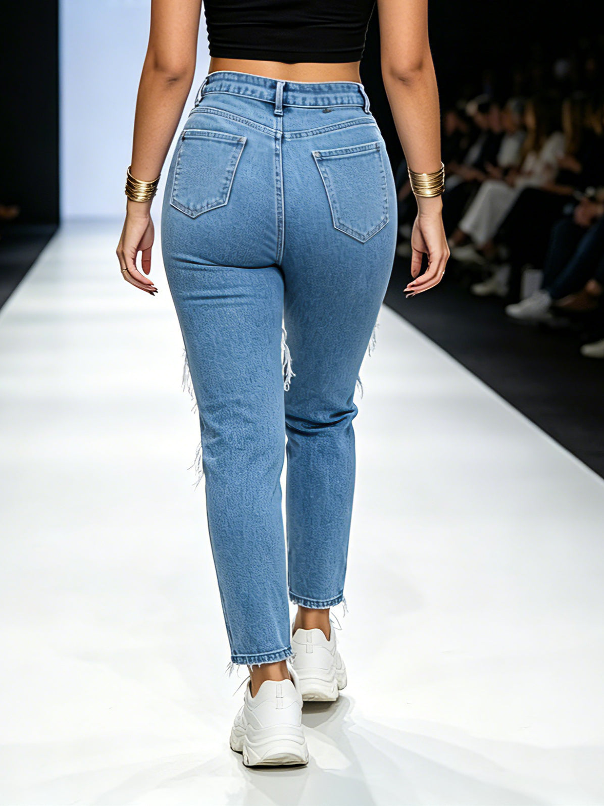 Push up butt lifting white jeans with embroidery – back view of elegant stretch skinny denim pants showing lifted fit on model