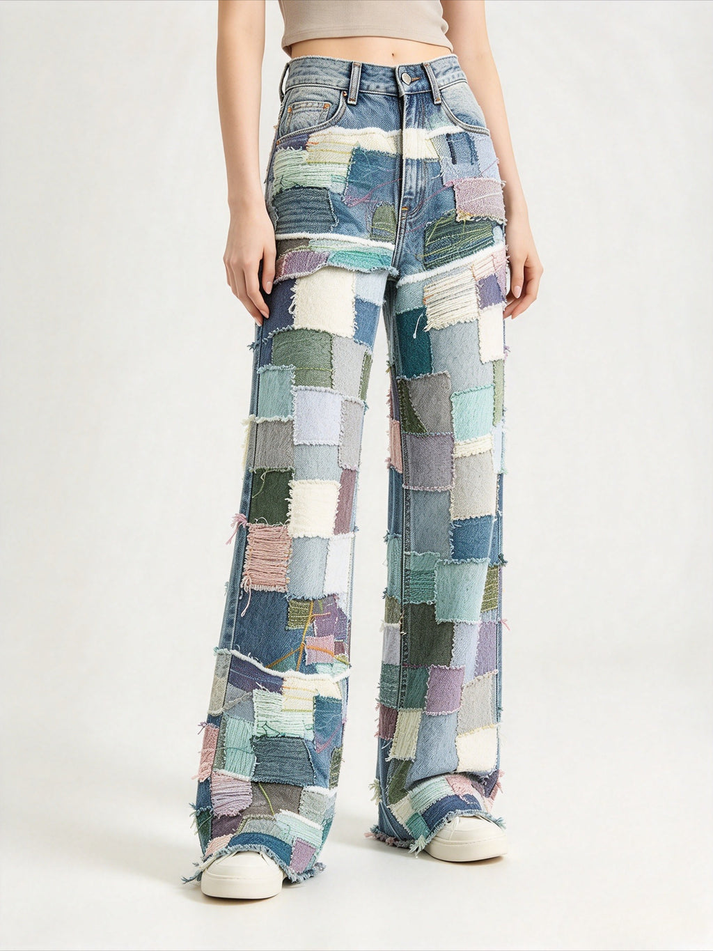 Women’s All-Denim Patchwork 2 Piece Matching Set | Raw Edge Hand Stitched Denim Jacket & High Waist Straight Leg Jeans, Vintage Boho Festival Denim Outfit