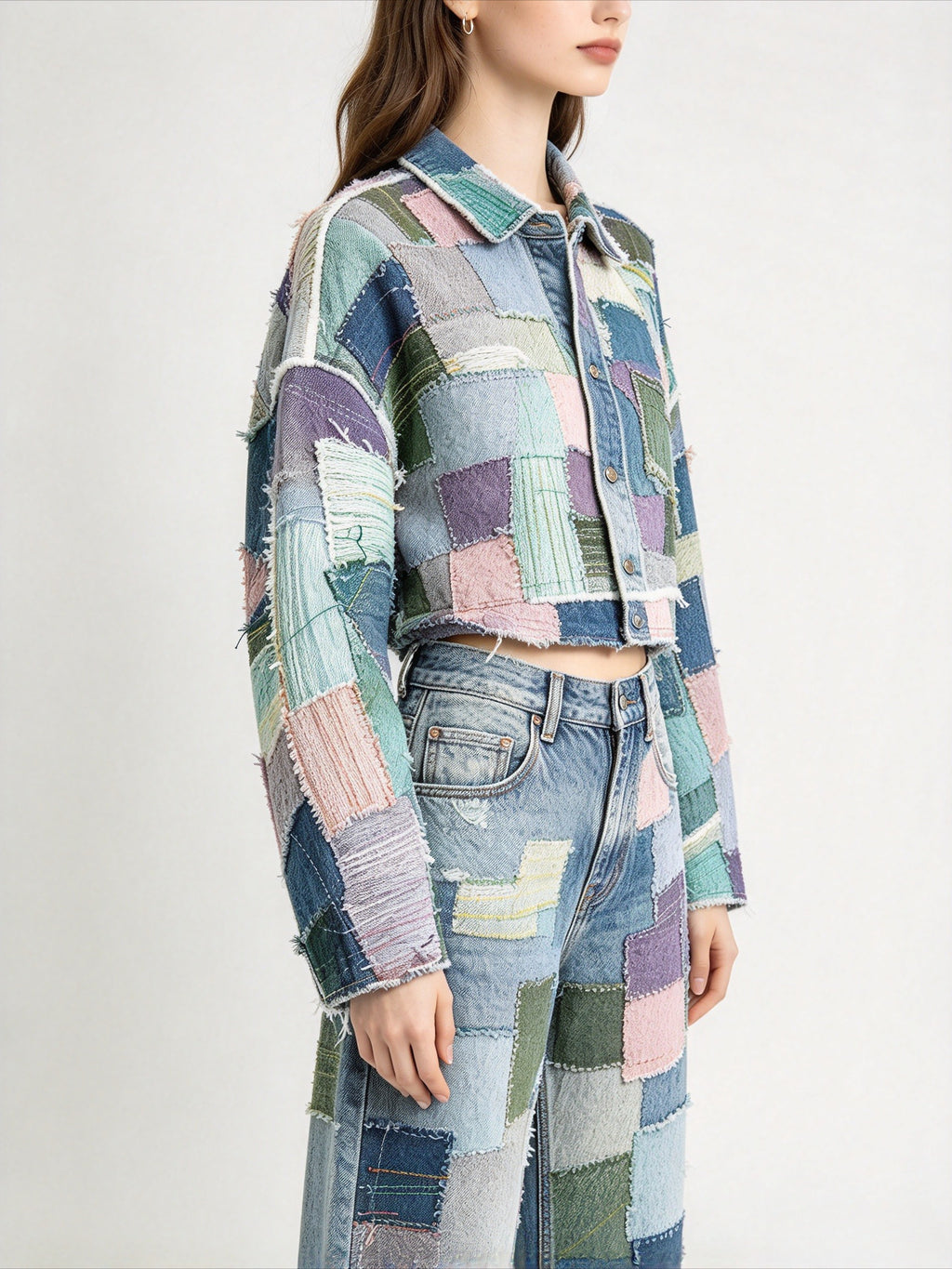 Women’s All-Denim Patchwork 2 Piece Matching Set | Raw Edge Hand Stitched Denim Jacket & High Waist Straight Leg Jeans, Vintage Boho Festival Denim Outfit