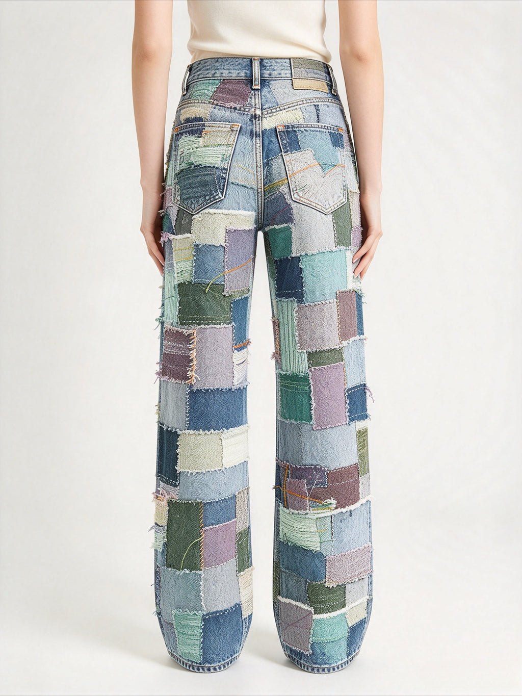Women’s All-Denim Patchwork 2 Piece Matching Set | Raw Edge Hand Stitched Denim Jacket & High Waist Straight Leg Jeans, Vintage Boho Festival Denim Outfit