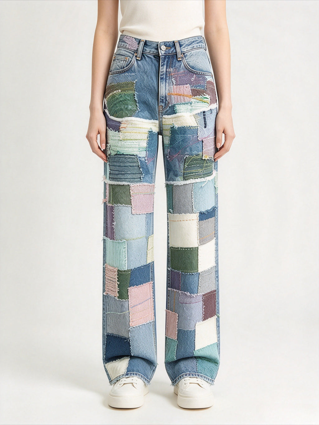 Women’s All-Denim Patchwork 2 Piece Matching Set | Raw Edge Hand Stitched Denim Jacket & High Waist Straight Leg Jeans, Vintage Boho Festival Denim Outfit