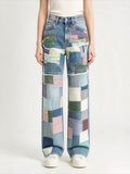 Women’s All-Denim Patchwork 2 Piece Matching Set | Raw Edge Hand Stitched Denim Jacket & High Waist Straight Leg Jeans, Vintage Boho Festival Denim Outfit