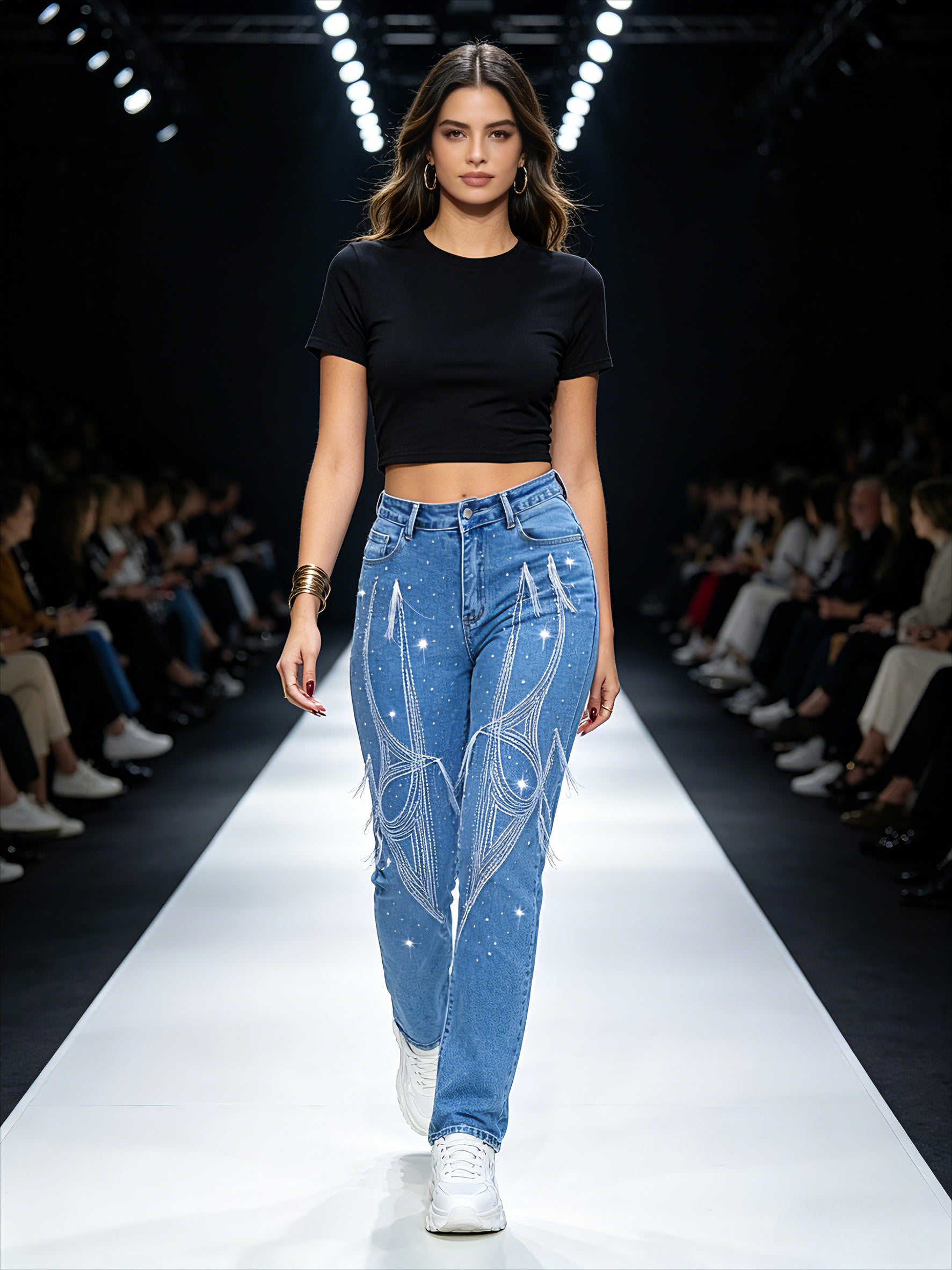 Push up butt lifting white jeans with embroidery – back view of elegant stretch skinny denim pants showing lifted fit on model