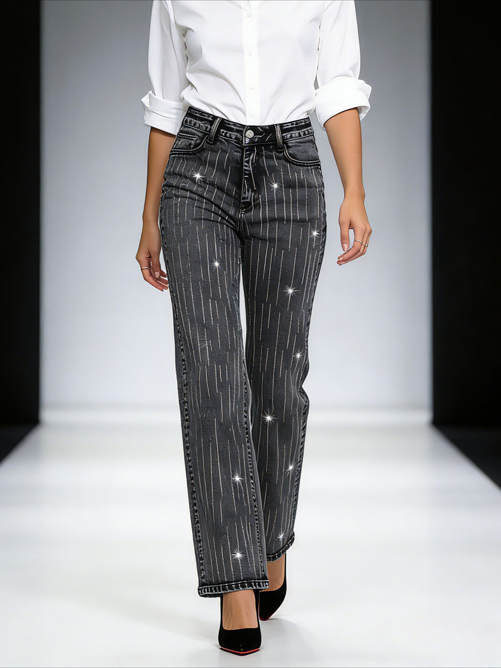 Dark Gray Rhinestone Stripe Straight Leg Jeans for Women – Loose Fit Casual Denim Pants