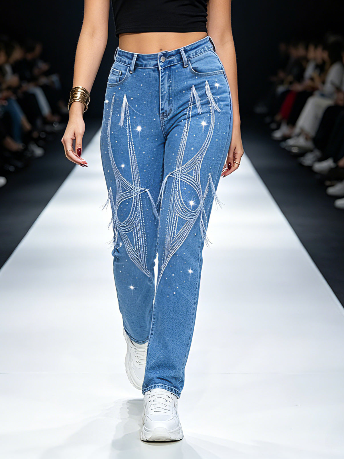 White embroidered push up butt lifting jeans for women – front view of elegant stretch skinny denim pants on model