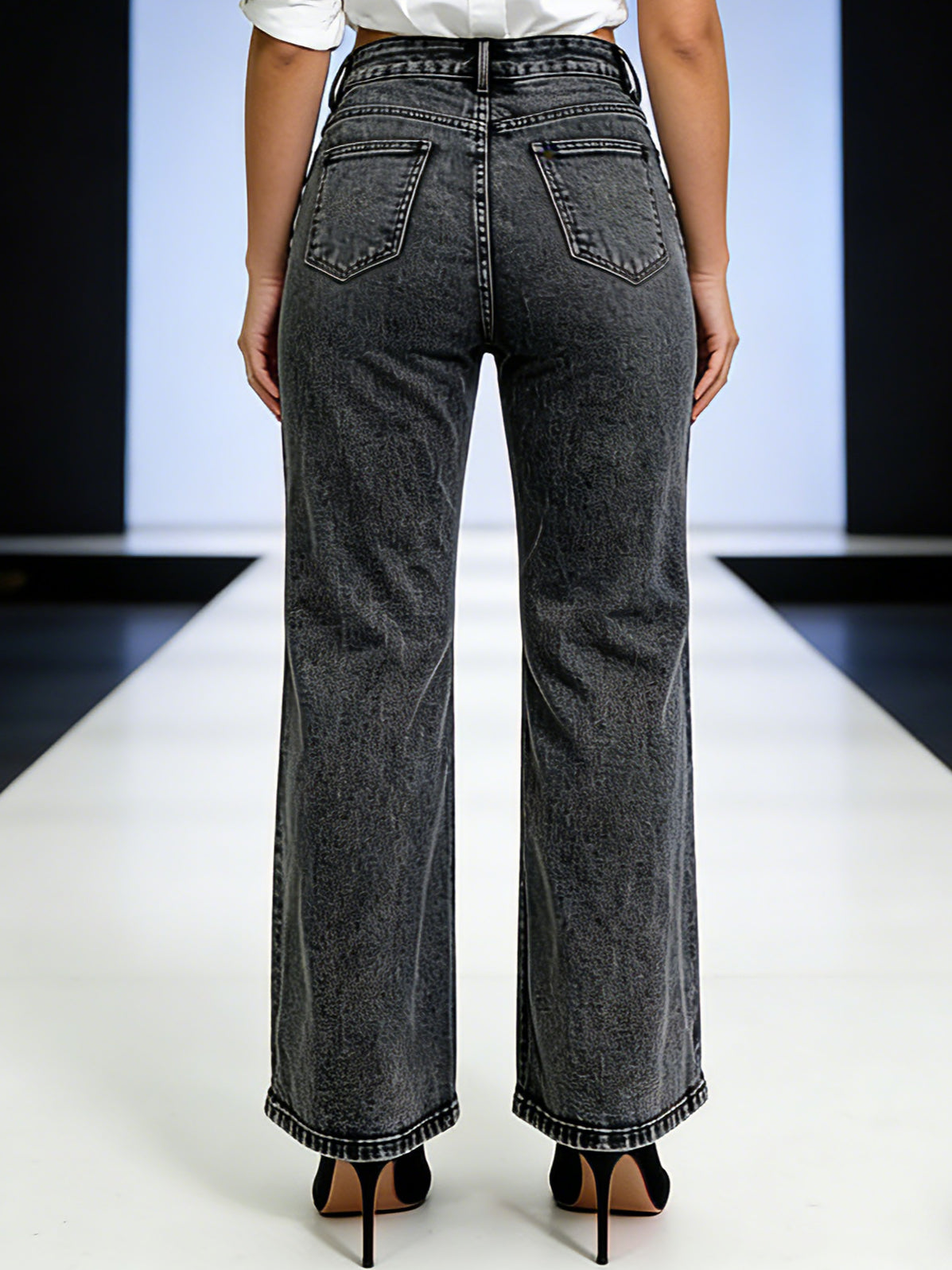 Loose fit jeans with rhinestone stripe – side view of dark gray casual straight leg denim pants showing relaxed silhouette on model