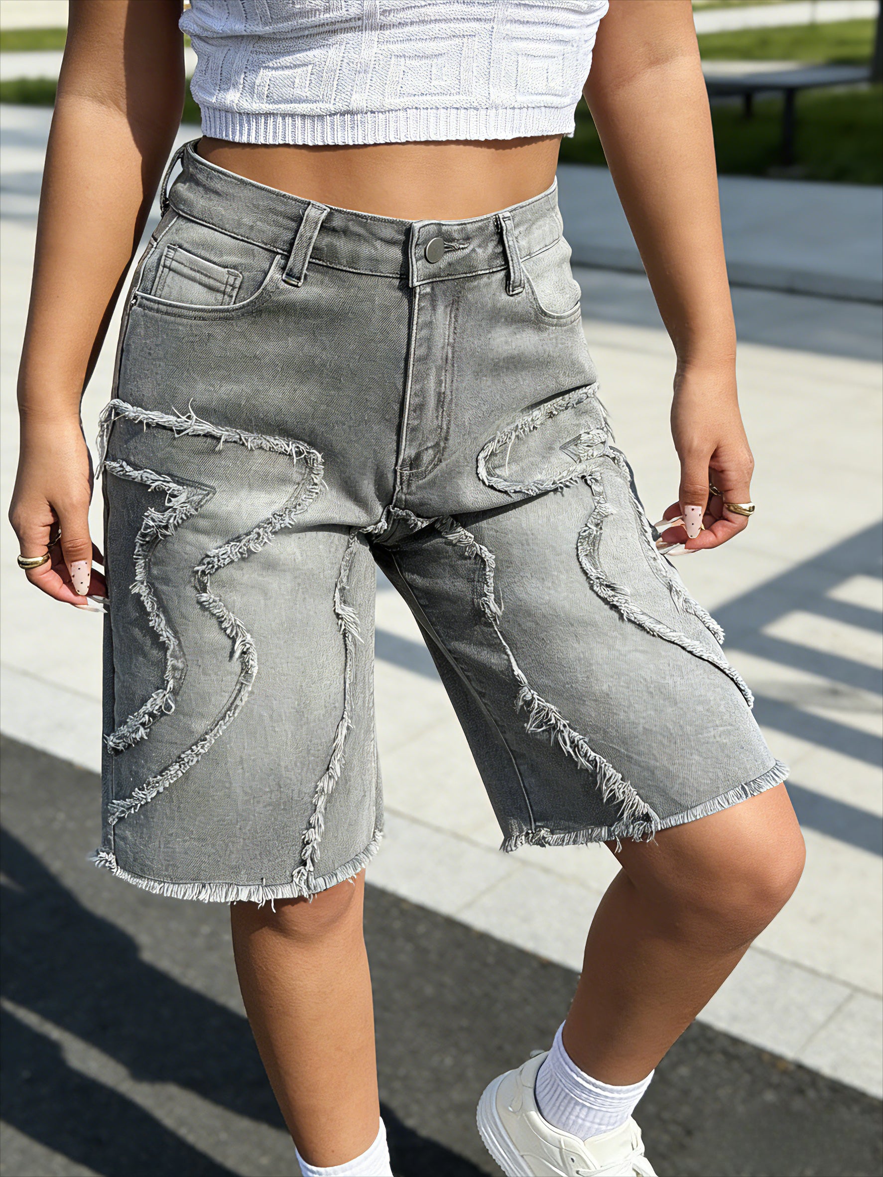 Classic grey wide leg denim shorts for women – front view of stretchy raw hem jeans shorts on model