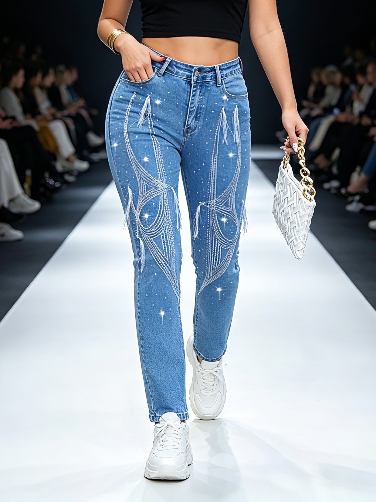 Close up of white embroidery details and stretch denim fabric on push up butt lifting jeans for women – elegant skinny pants decoration shot