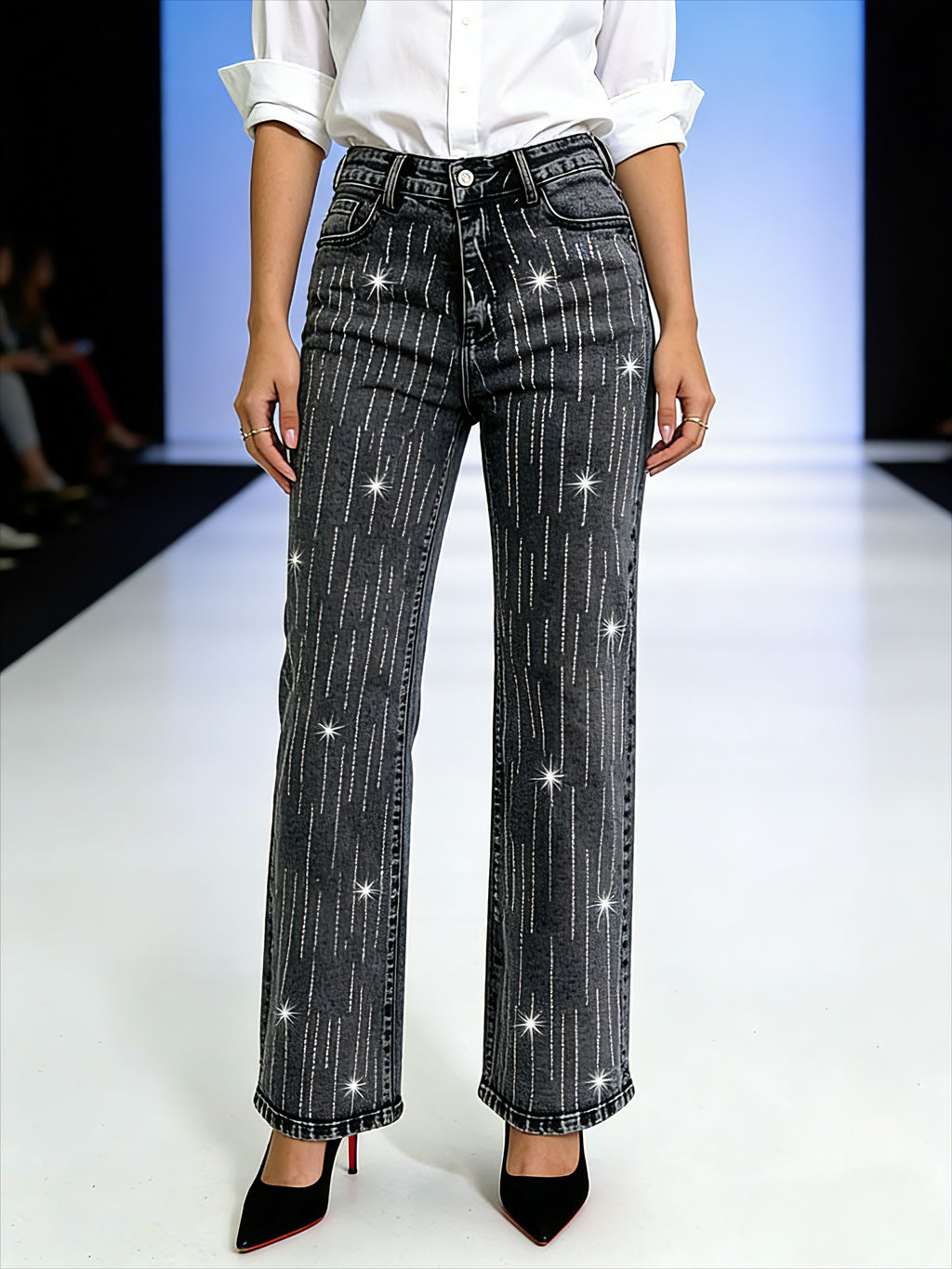 Dark gray rhinestone stripe straight leg jeans for women – front view of loose fit casual denim pants on model