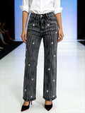 Dark gray rhinestone stripe straight leg jeans for women – front view of loose fit casual denim pants on model