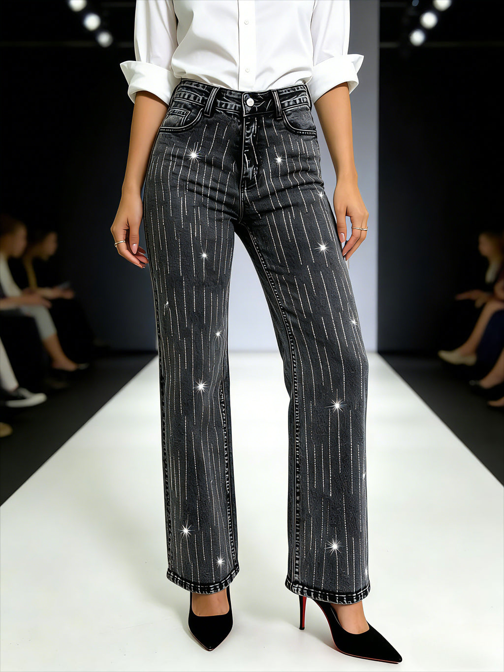 Styled dark gray rhinestone stripe straight leg jeans for women – loose fit casual denim pants with oversized sweater and sneakers relaxed outfit look