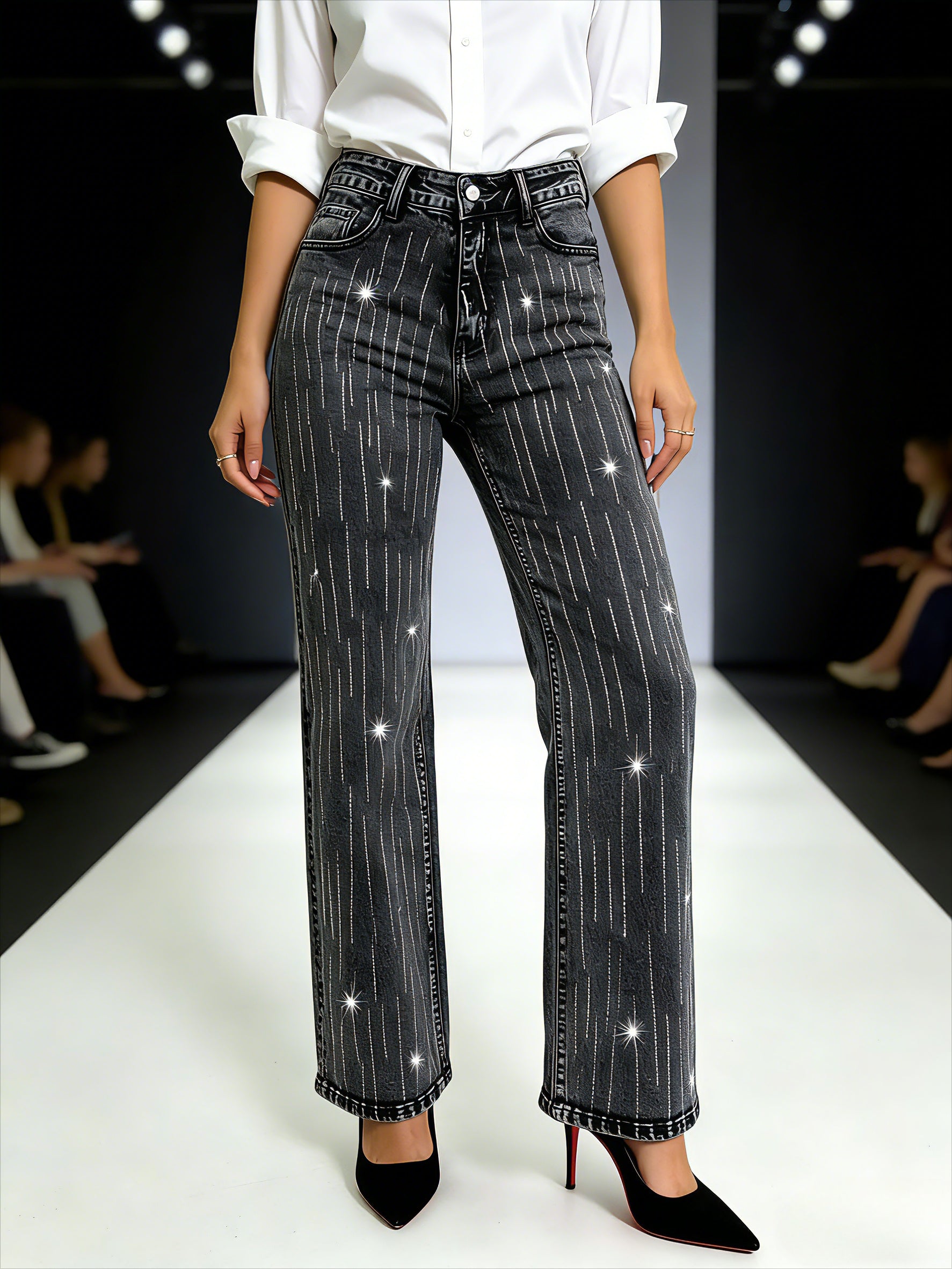 Styled dark gray rhinestone stripe straight leg jeans for women – loose fit casual denim pants with oversized sweater and sneakers relaxed outfit look