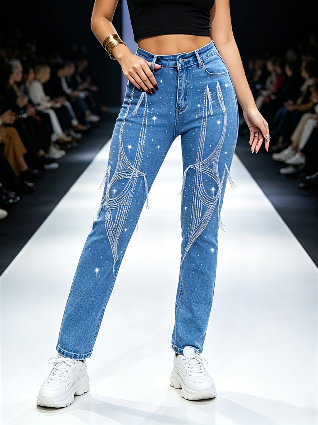 Close up of white embroidery details and stretch denim fabric on push up butt lifting jeans for women – elegant skinny pants decoration shot